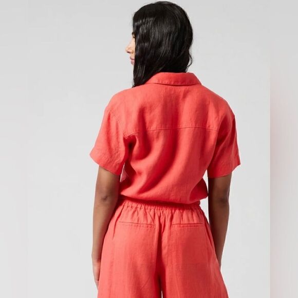 Athleta Women’s Tie Top Short Sleeve 100% Linen Borealis Green Size Large $79 - Picture 6 of 15